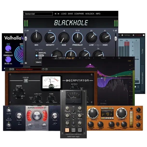 Valhalla DSP Blackhole PluginSoundtoys Decapitator PluginNative Instruments Supercharger GT PluginFabFilter Pro Q 4 EQWaves SSL G Master Buss Comp